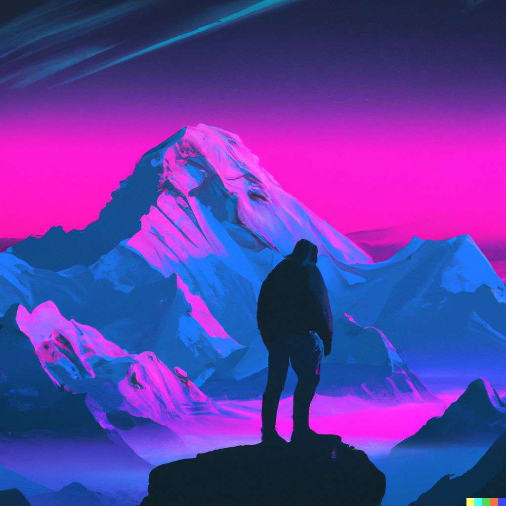 someone gazing at Mount Everest, digital art, synthwave